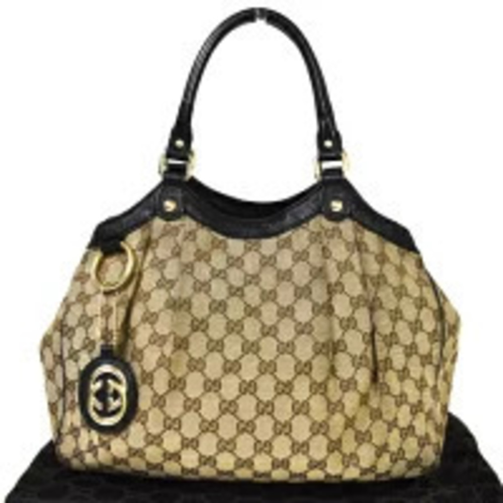 Gucci Handbag GG Brown Black Canvas Leather Charm